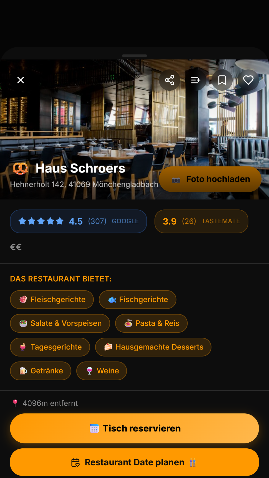 TasteMate Restaurant-Detail mit Reservierung
