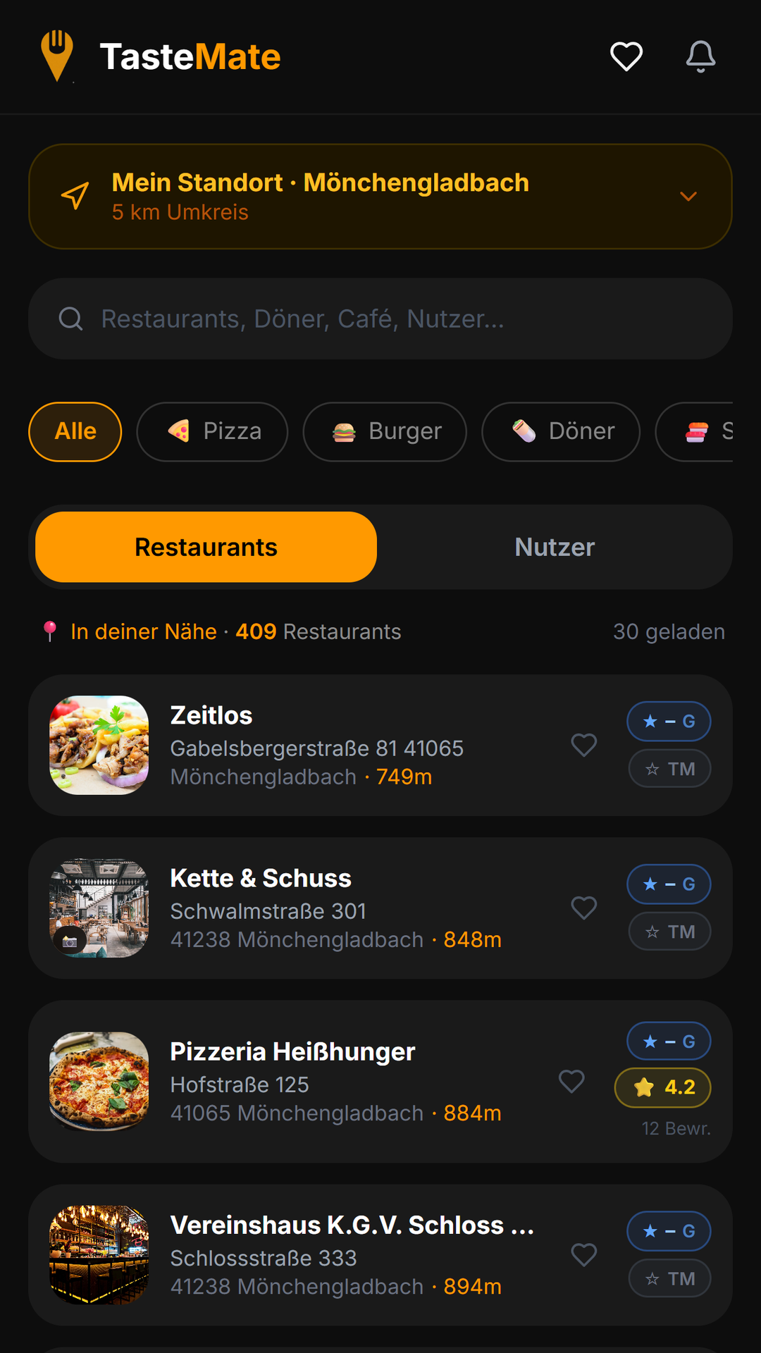 TasteMate Suche mit Restaurant-Listing